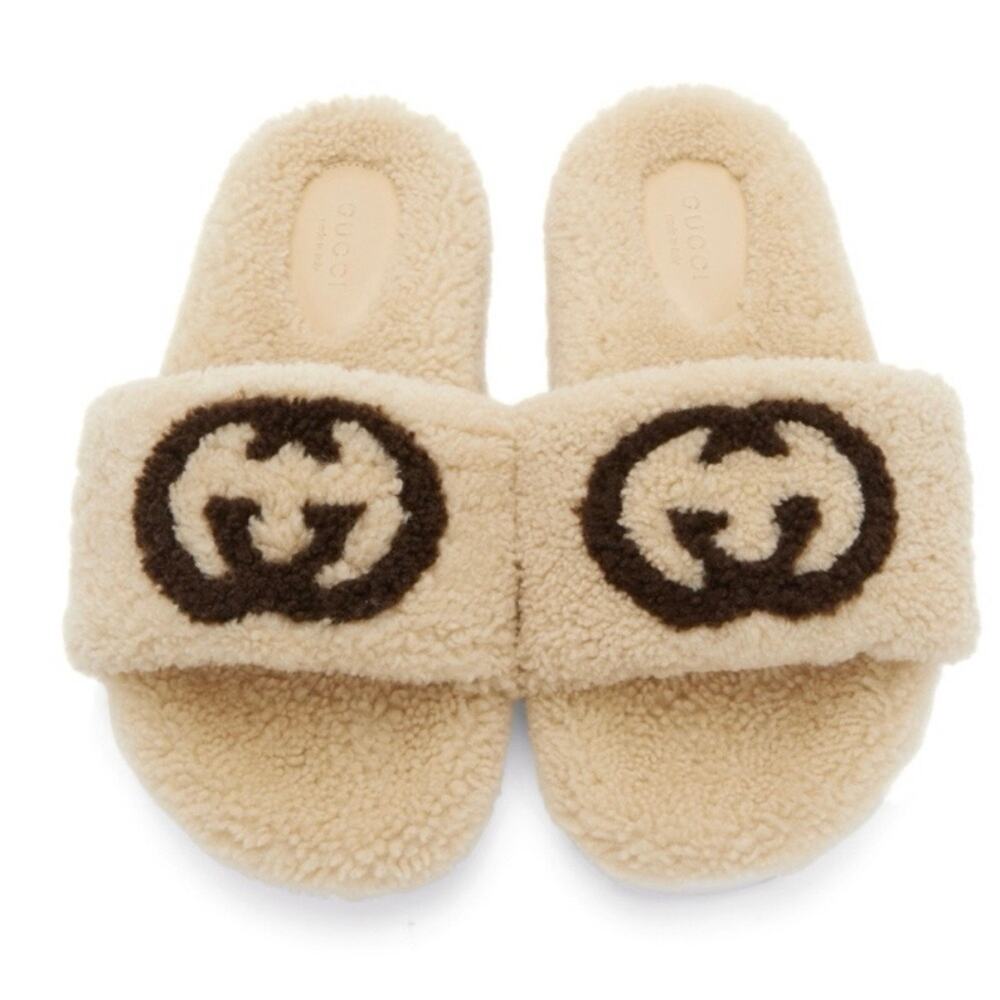 GUCCI GG logo shearling slides sandals slippers